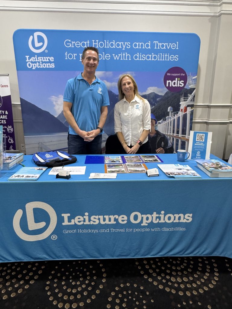 Gary Elliot and Cathy Boyce at the Leisure Options booth, at the Bendigo Disability Expo.